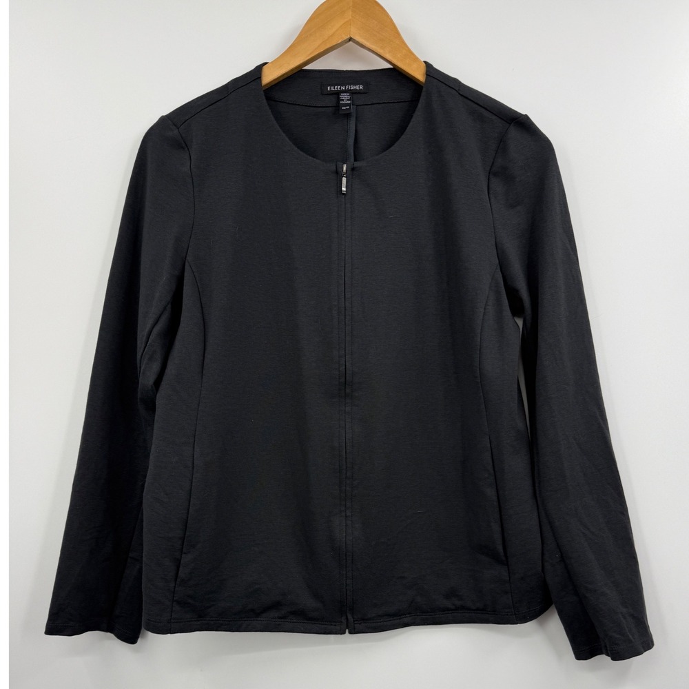Eileen Fisher Black Zip Front Cardigan Jacket XS Organic Cotton Blend